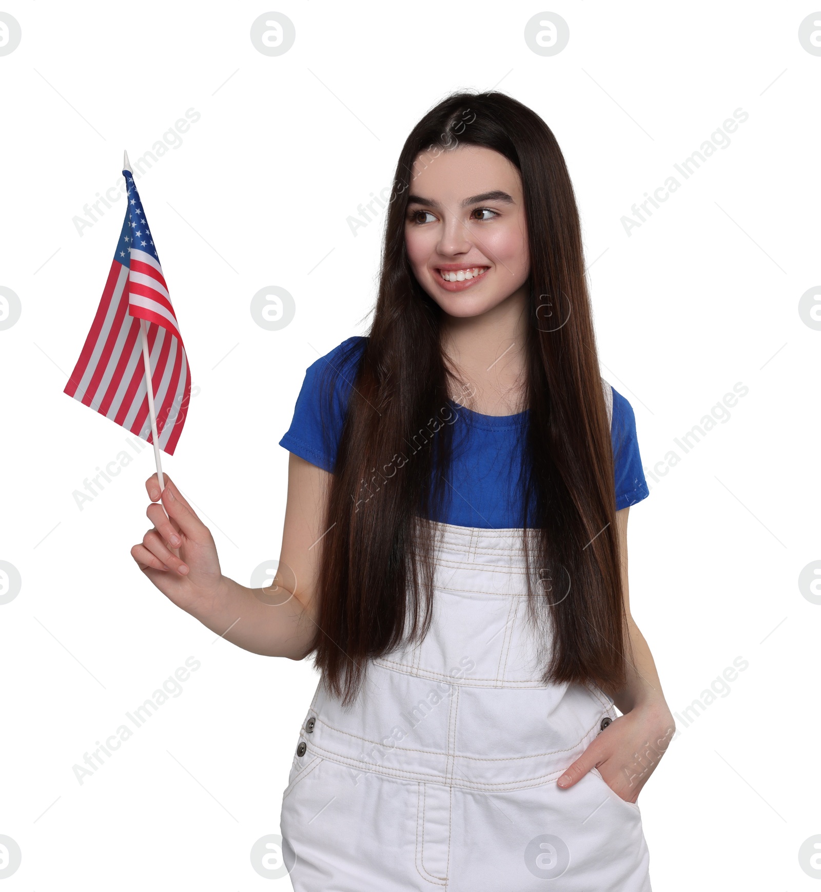 Image of 4th of July - Independence day of America. Happy teenage girl holding national flag of United States on white background
