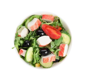 Tasty crab stick salad in bowl isolated on white, top view