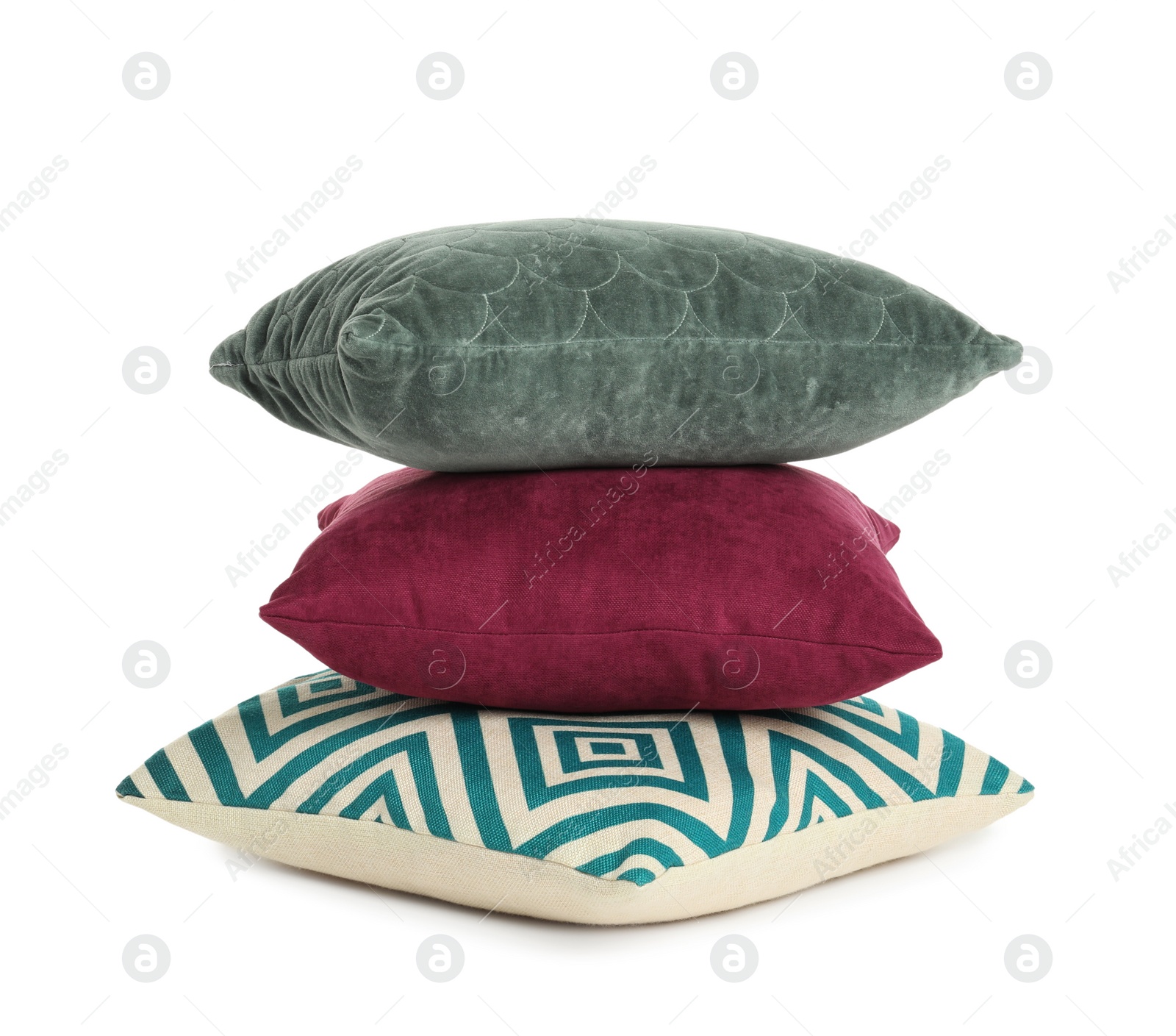 Photo of Stack of colorful decorative pillows on white background