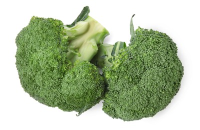 Fresh raw green broccoli on white background, top view