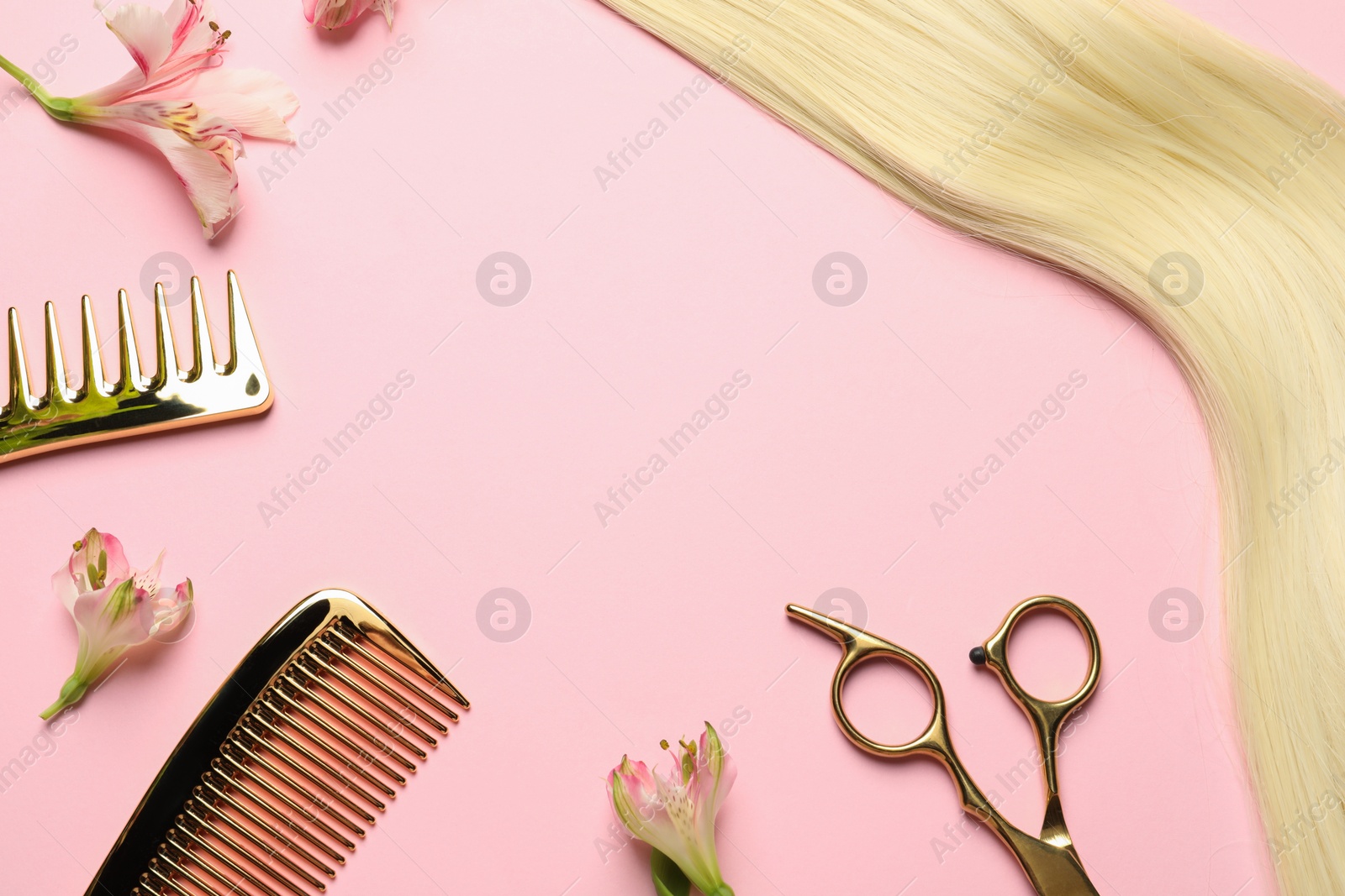 Photo of Hairdresser tools. Blonde hair lock, combs, scissors and flowers on pink background, flat lay. Space for text