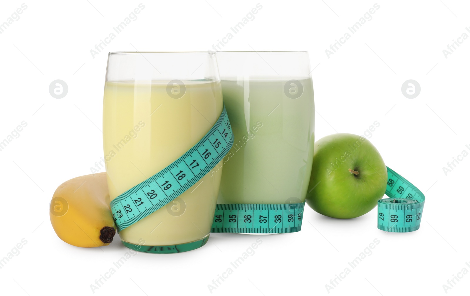 Photo of Tasty shakes, banana, apple and measuring tape isolated on white. Weight loss