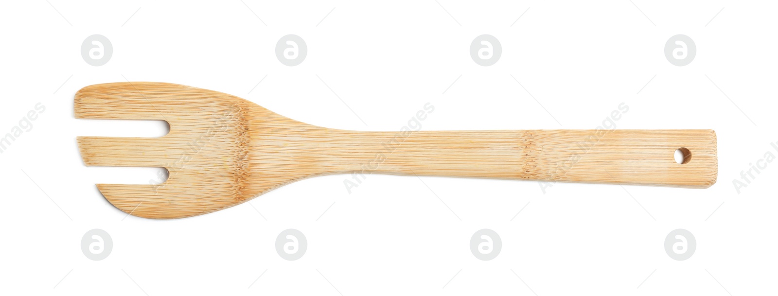 Photo of Wooden fork isolated on white, top view. Cooking utensil