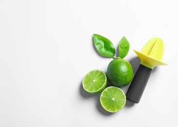 Flat lay composition with lime, mint and juicer on light background. Refreshing beverage ingredients