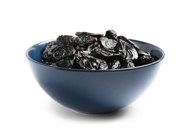Photo of Bowl of tasty prunes on white background. Dried fruit as healthy snack