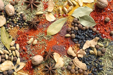 Different aromatic spices as background, top view