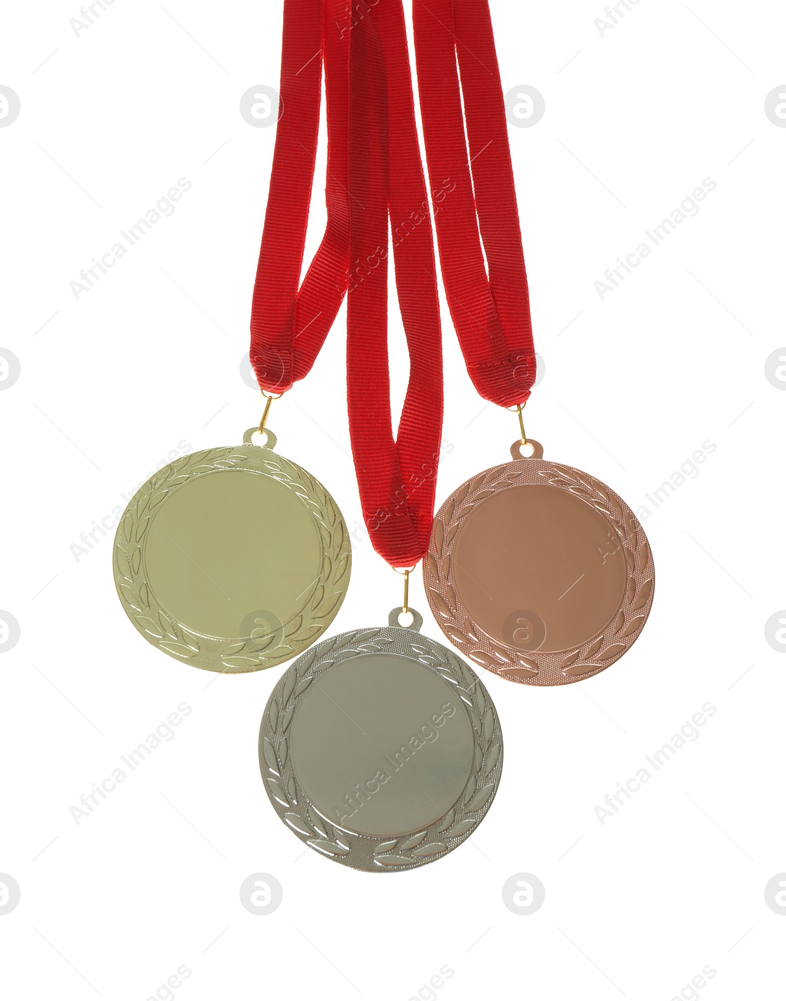 Photo of Gold, silver and bronze medals isolated on white. Space for design