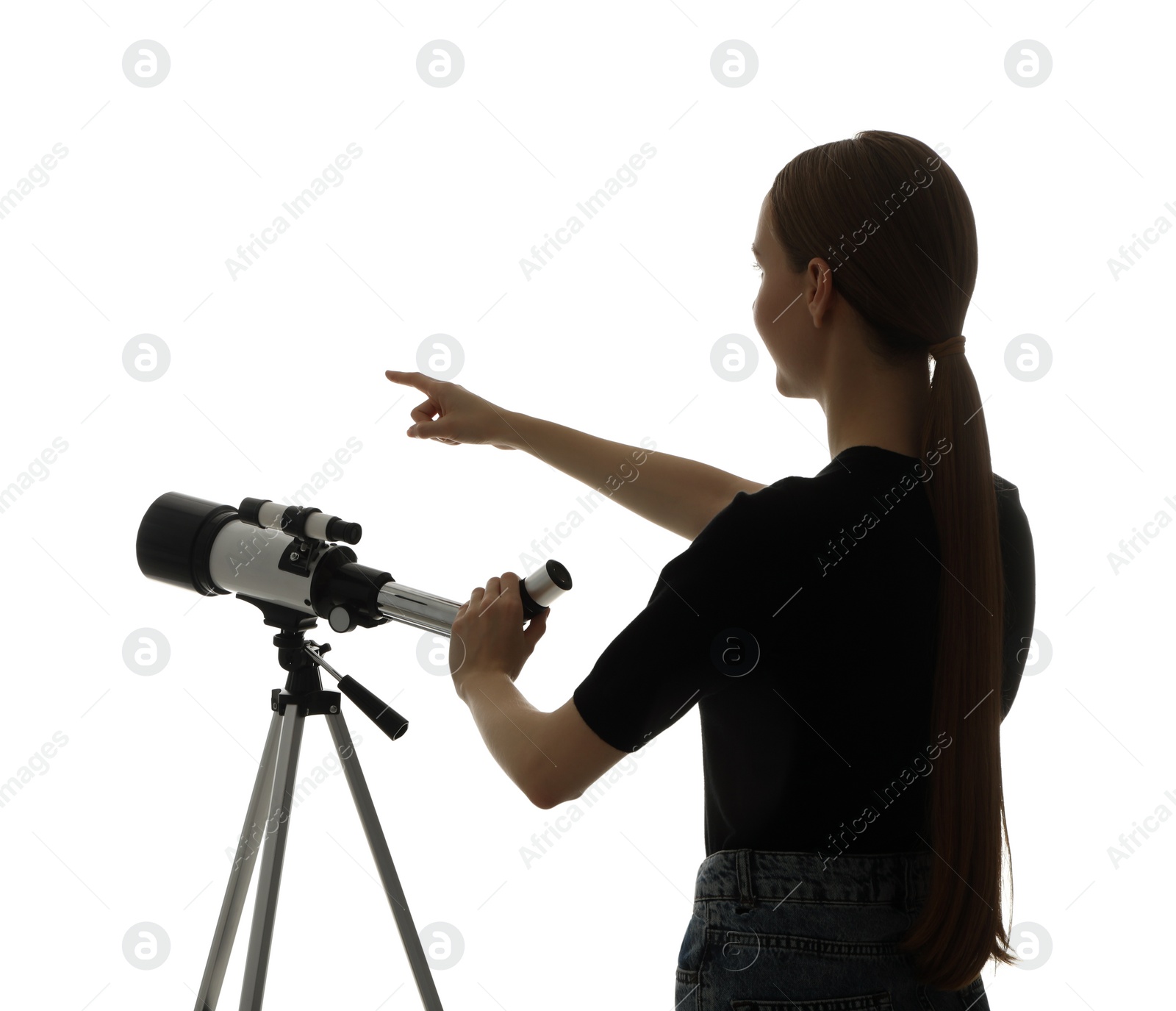 Photo of Young astronomer with telescope on white background