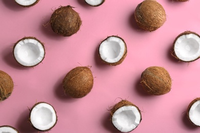 Photo of Coconut pattern on color background, flat lay