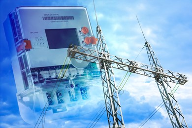 Double exposure of electricity meter and high voltage tower with transmission power lines