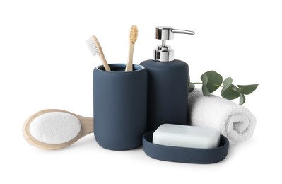 Photo of Bath accessories. Set of different personal care products and eucalyptus leaves isolated on white