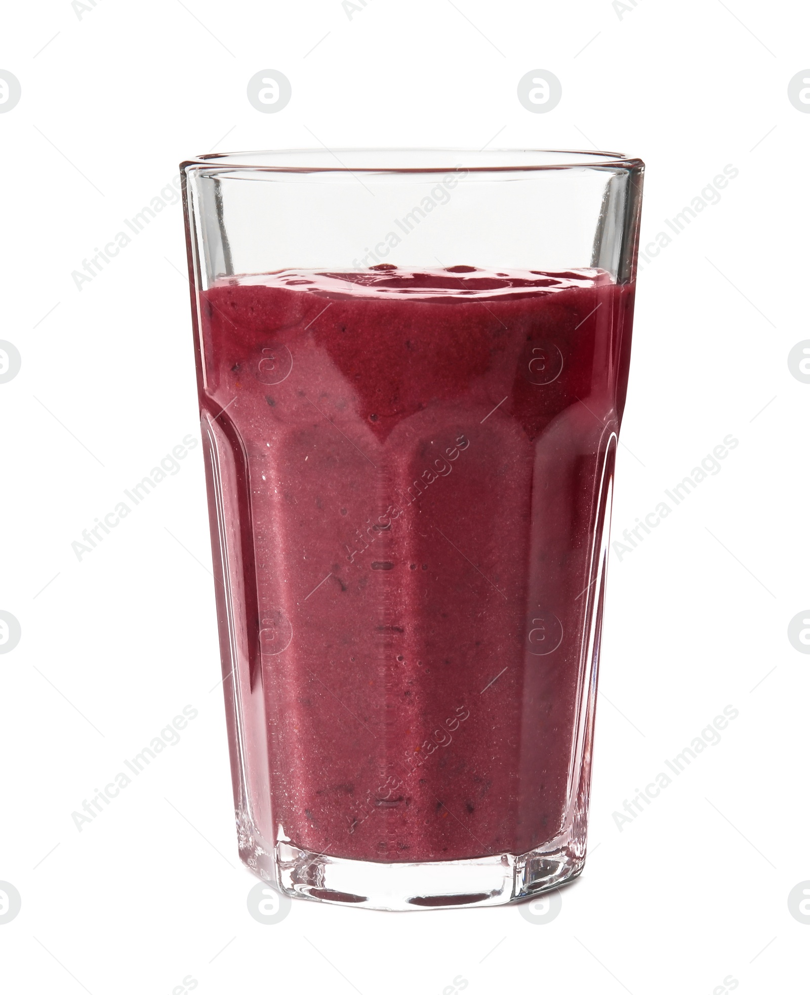 Photo of Glass with delicious acai smoothie on white background