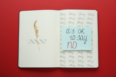 Photo of Phrase It`s Ok to Say No and dry flower attached with adhesive tape in notebook on red background, top view