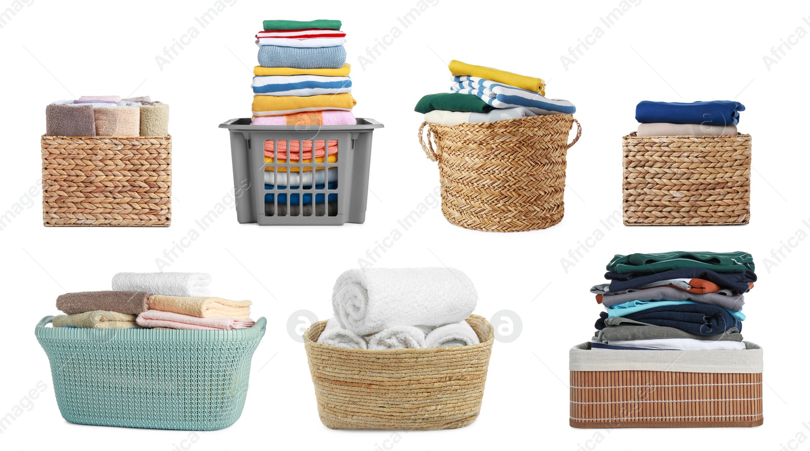 Image of Set with different laundry baskets full of clothes and towels on white background