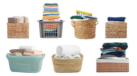 Image of Set with different laundry baskets full of clothes and towels on white background