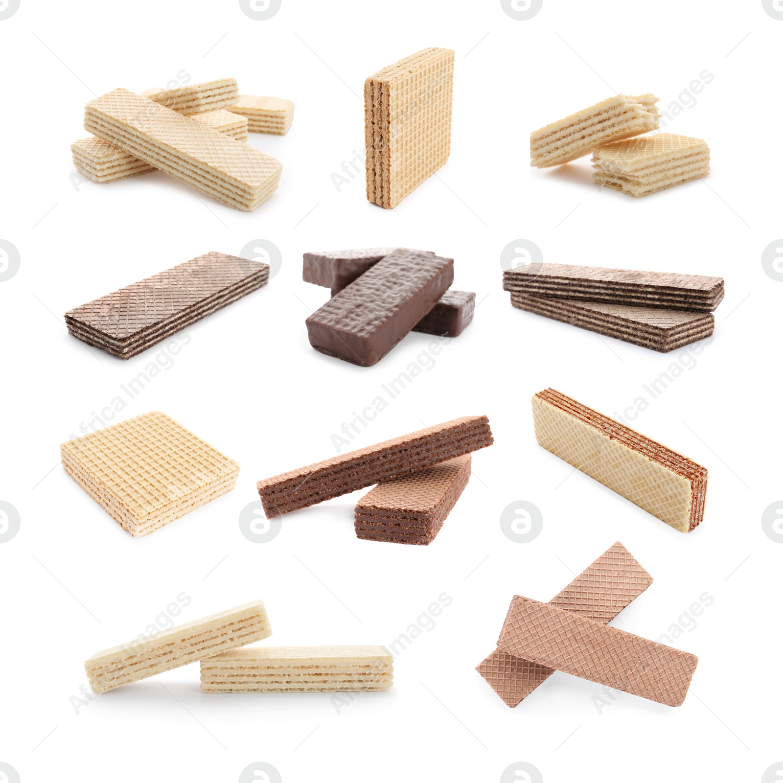 Image of Set of different delicious crispy wafers on white background. Sweet food