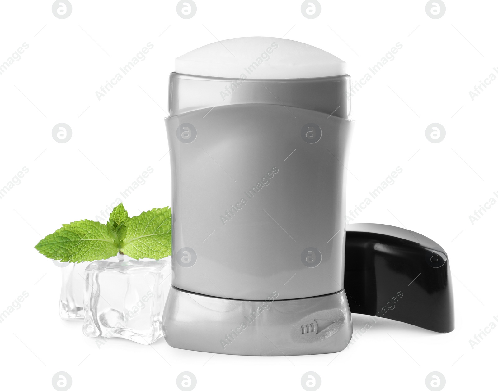 Photo of Natural male deodorant with ice and mint on white background
