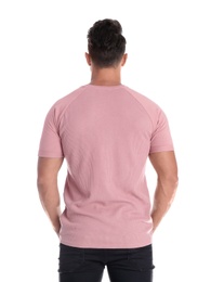 Photo of Young man in t-shirt on white background. Mockup for design