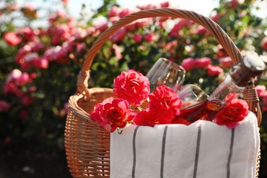 Wicker basket with bottle of wine and roses outdoors