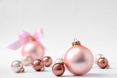 Photo of Beautiful Christmas balls on white background. Space for text