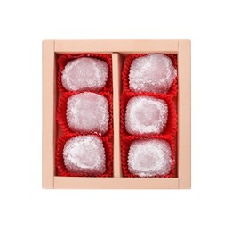 Photo of Box with delicious mochi on white background, top view. Traditional Japanese dessert