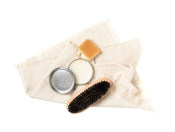 Photo of Composition with shoe care accessories on white background, top view