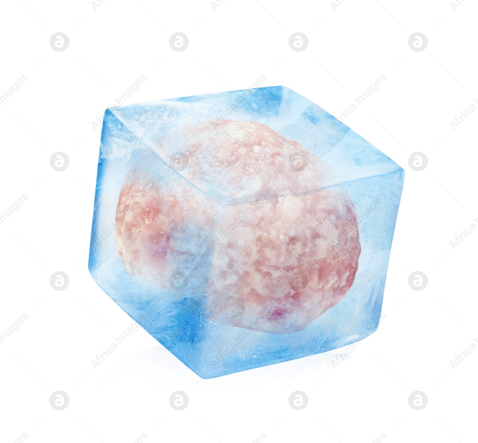 Image of Frozen food. Raw meatball in ice cube isolated on white