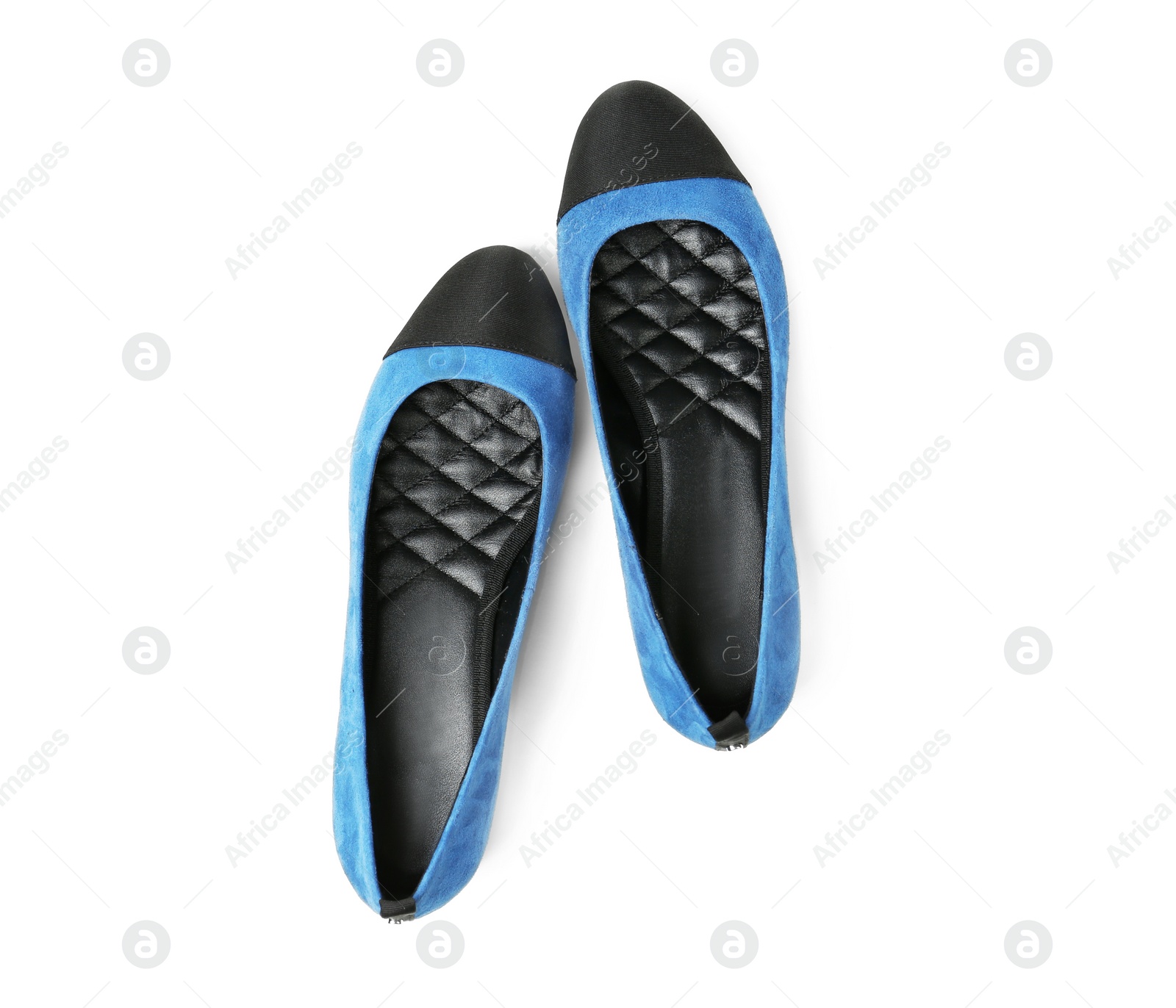 Photo of Pair of female shoes on white background, top view