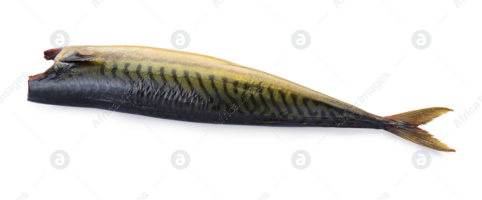 Photo of Delicious smoked mackerel isolated on white. Seafood product