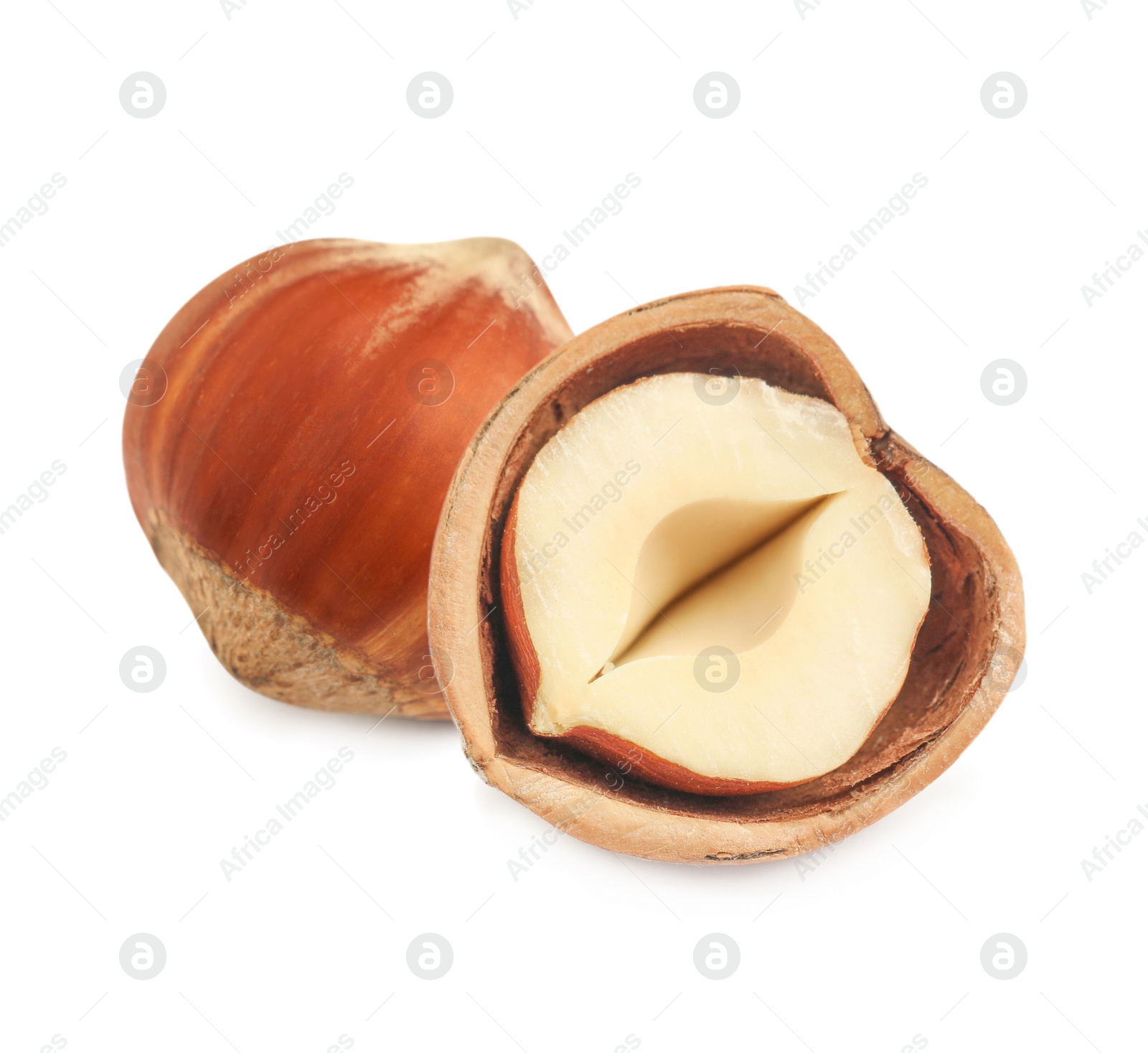 Image of Tasty organic hazelnuts on white background. Healthy snack