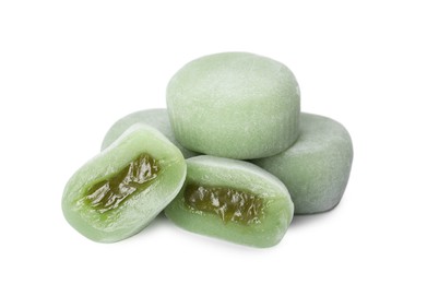 Photo of Delicious mochi on white background. Traditional Japanese dessert