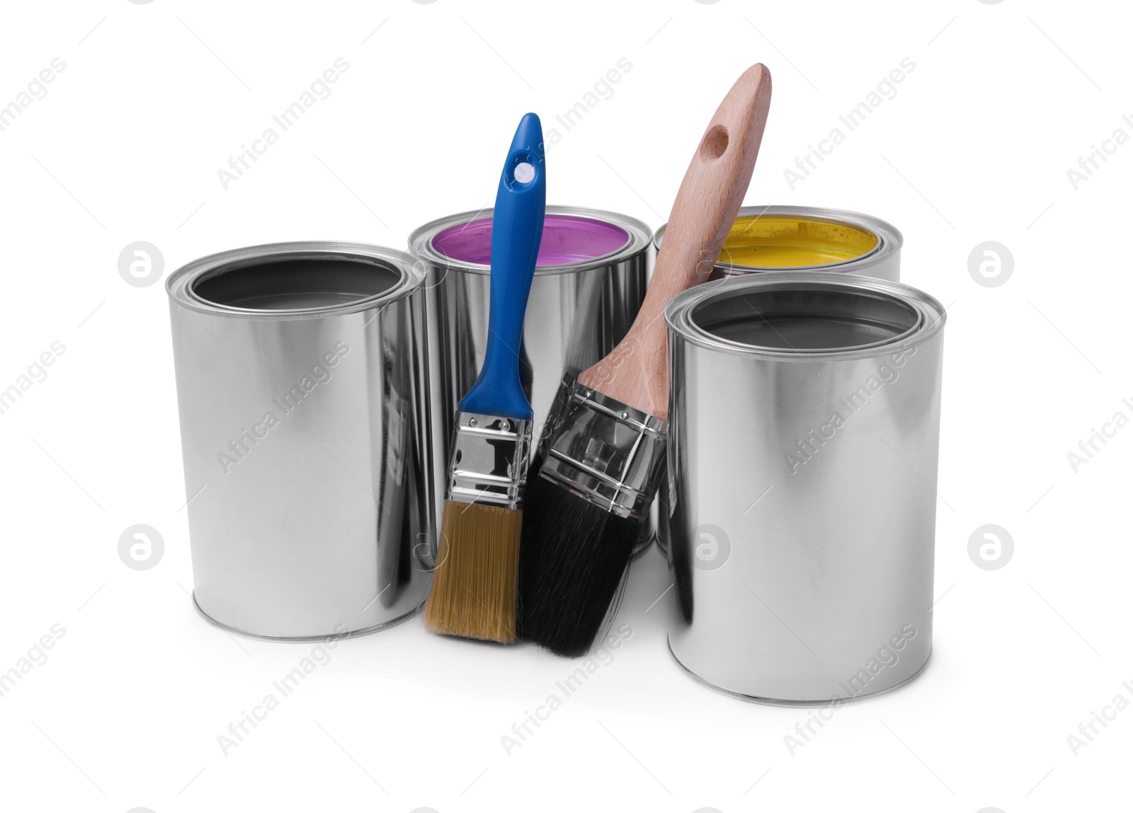 Photo of Cans of different paints and brushes on white background