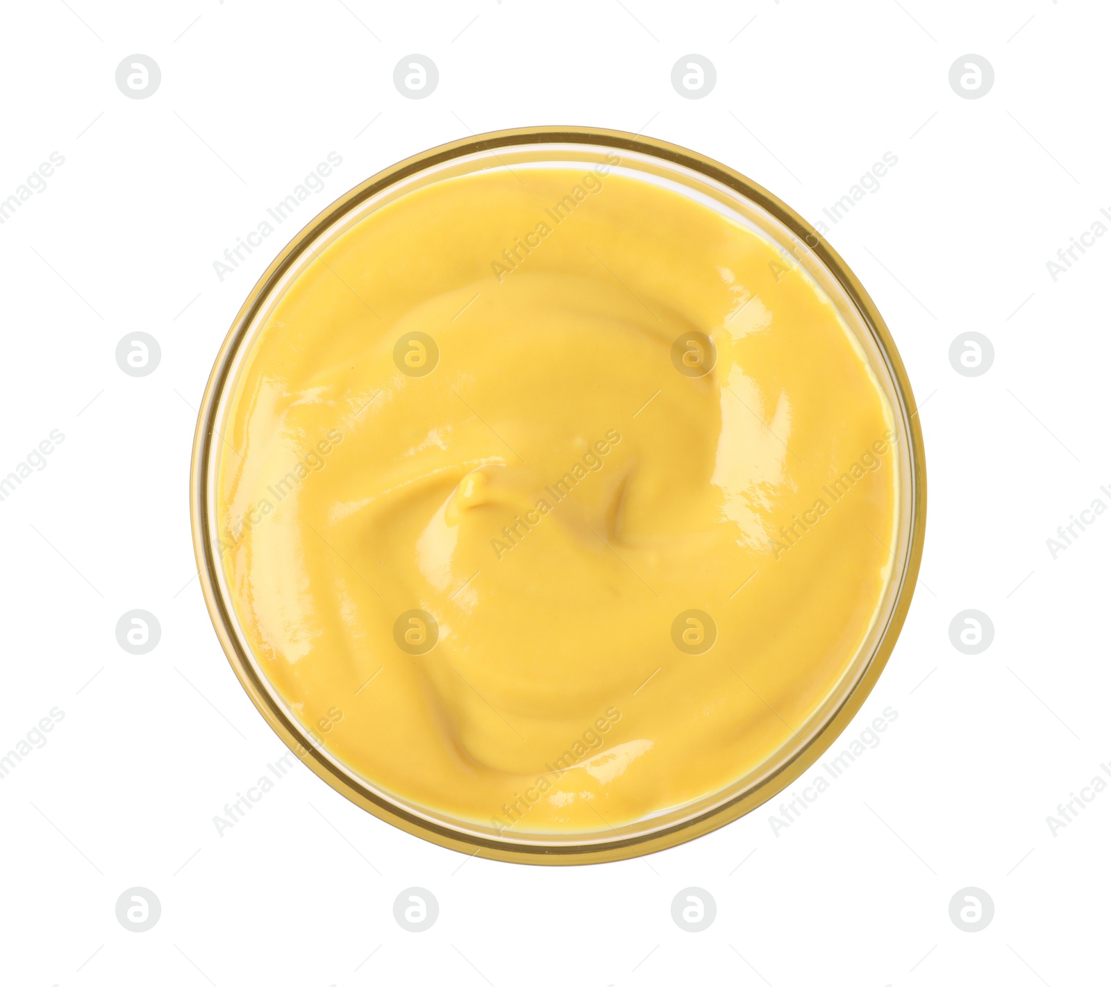 Photo of Spicy mustard in glass bowl isolated on white, top view