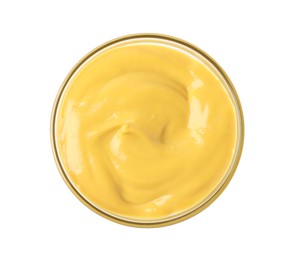 Photo of Spicy mustard in glass bowl isolated on white, top view