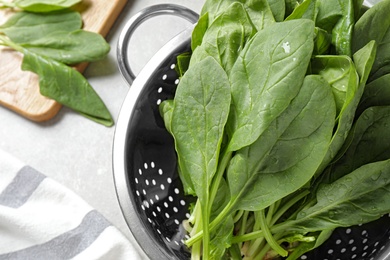 Colander with fresh green healthy spinach on grey table, top view