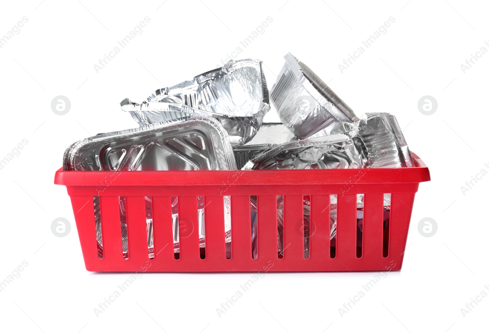 Photo of Crate with used foil containers on white background. Trash recycling