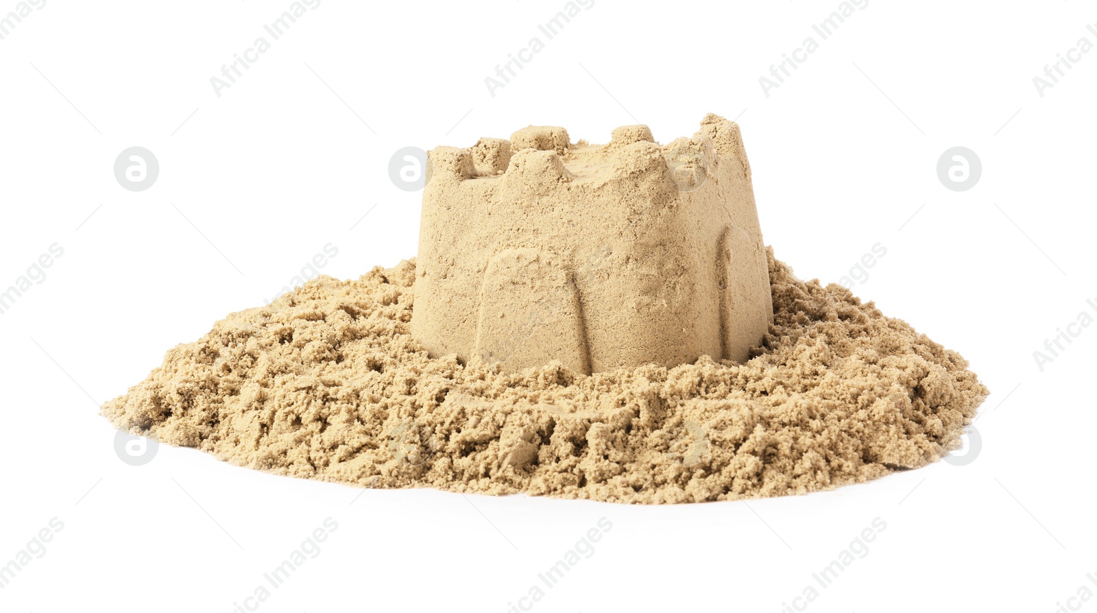 Photo of Pile of sand with beautiful castle isolated on white. Outdoor play