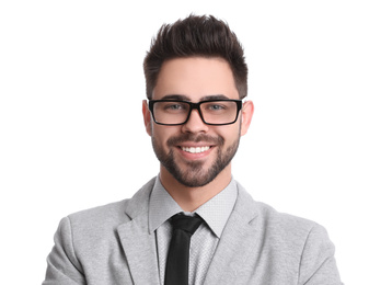 Portrait of young businessman on white background