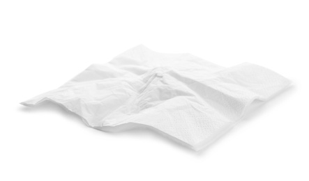 Photo of Crumpled paper napkin on white background. Personal hygiene