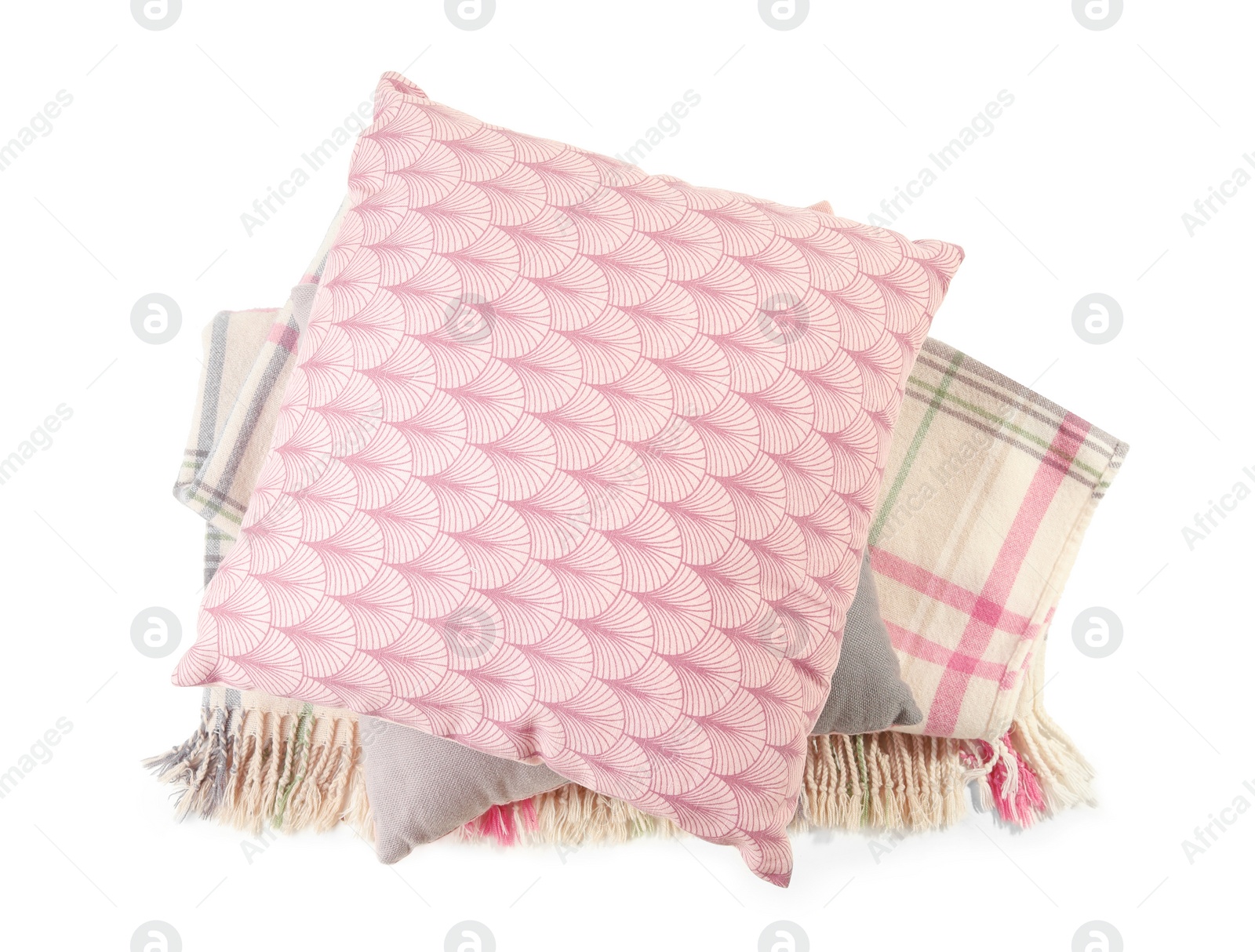 Photo of Stylish soft pillows and folded plaid on white background, top view