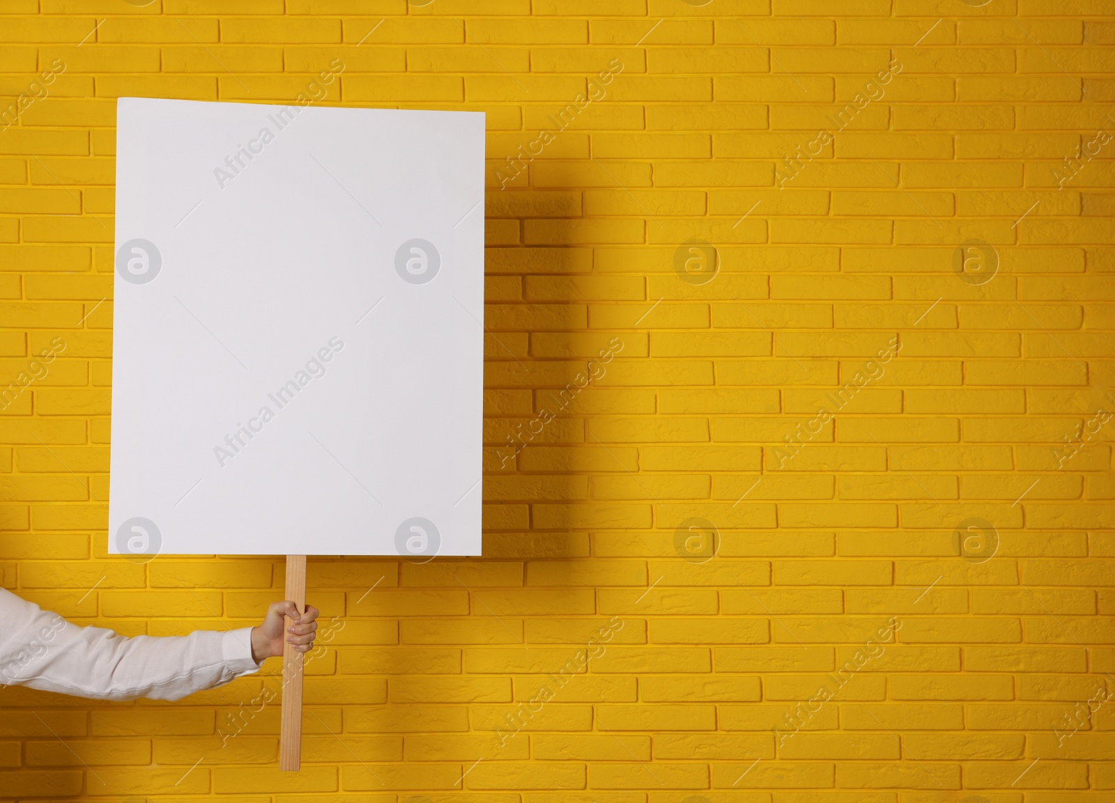 Photo of Woman holding blank sign near yellow brick wall, closeup. Space for design