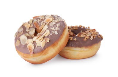 Different tasty glazed donuts on white background
