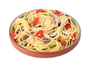 Photo of Plate of delicious pasta with anchovies, tomatoes and parmesan cheese isolated on white