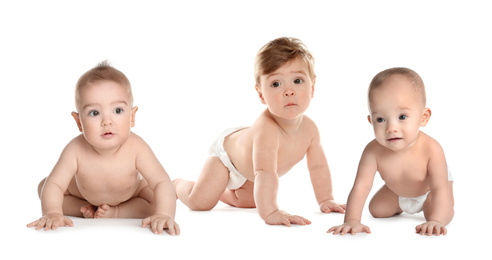 Image of Collage of cute little babies on white background