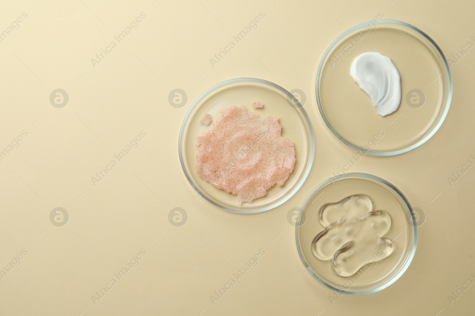 Photo of Many Petri dishes and cosmetic products on beige background, flat lay. Space for text