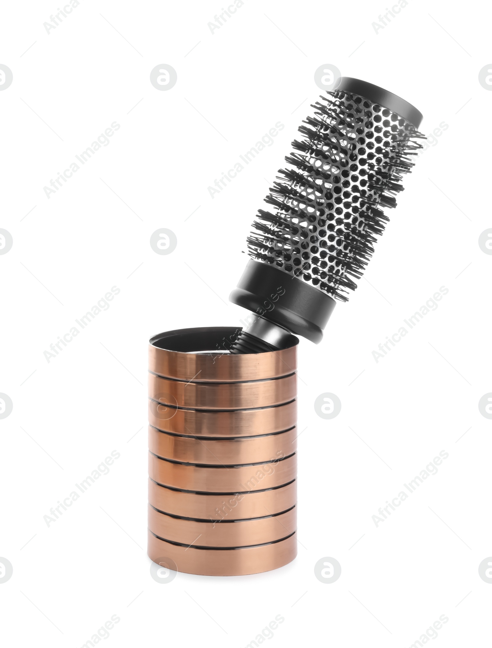 Photo of Modern hair brush in holder isolated on white