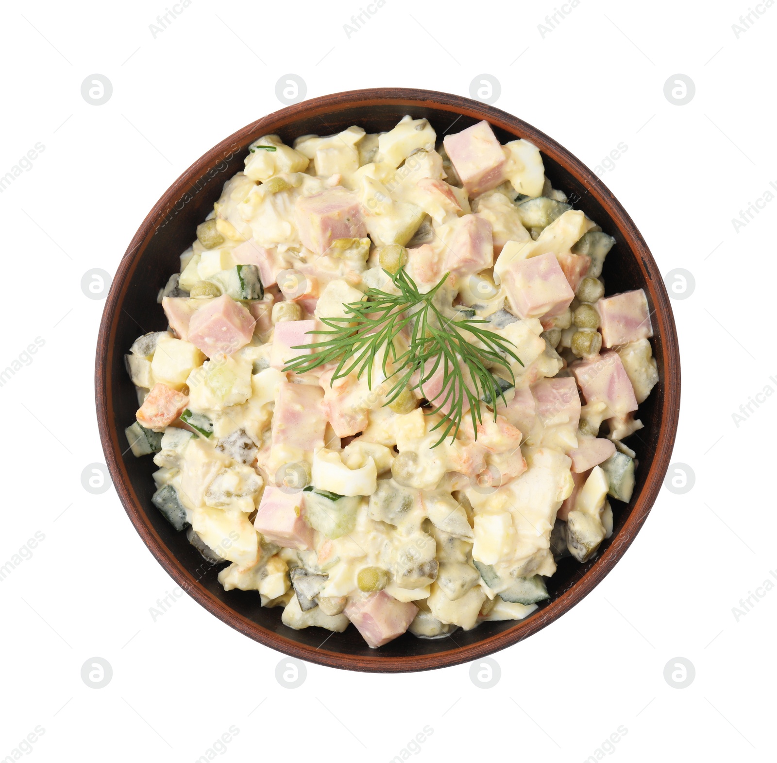 Photo of Tasty Olivier salad with boiled sausage in bowl isolated on white, top view
