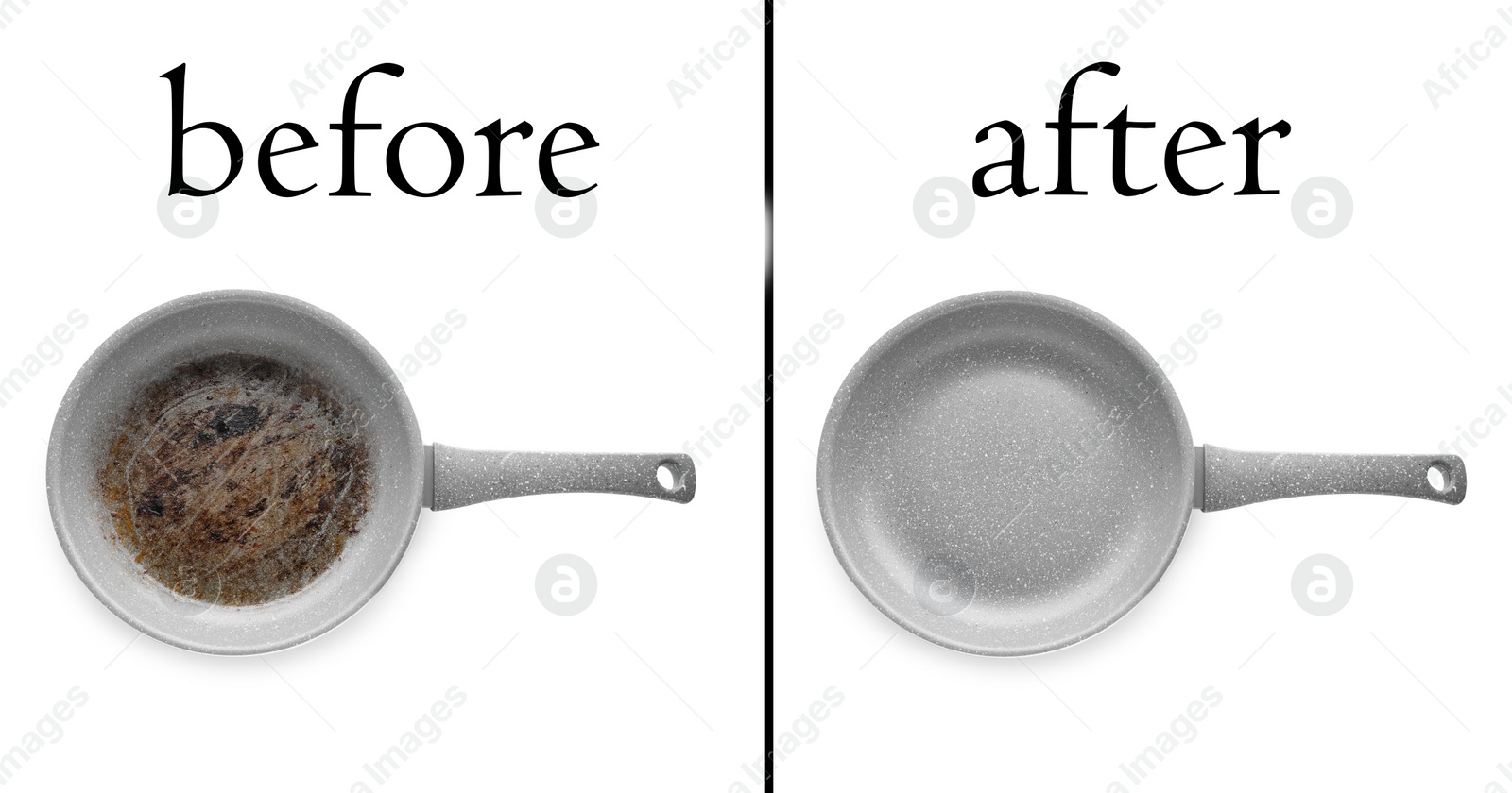 Image of Frying pan before and after cleaning on white background, collage