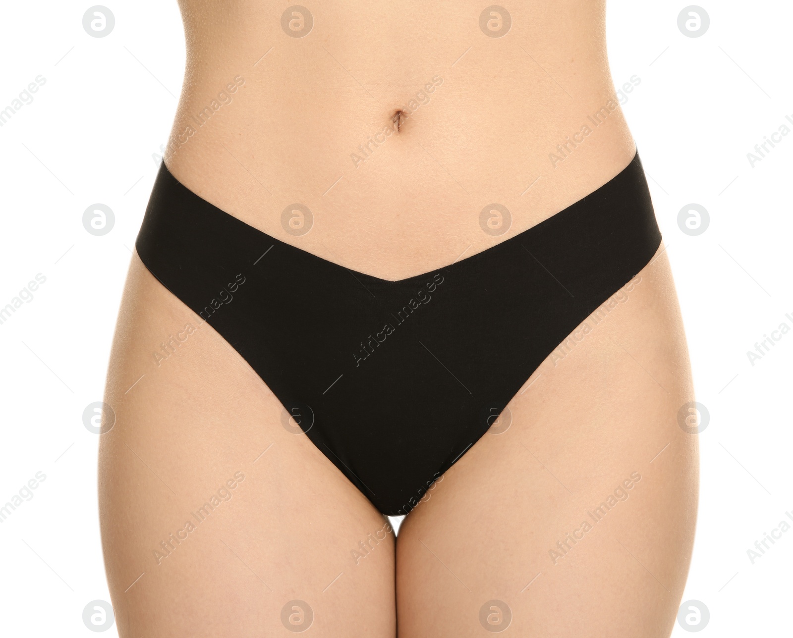 Photo of Gynecology. Woman in underwear on white background, closeup