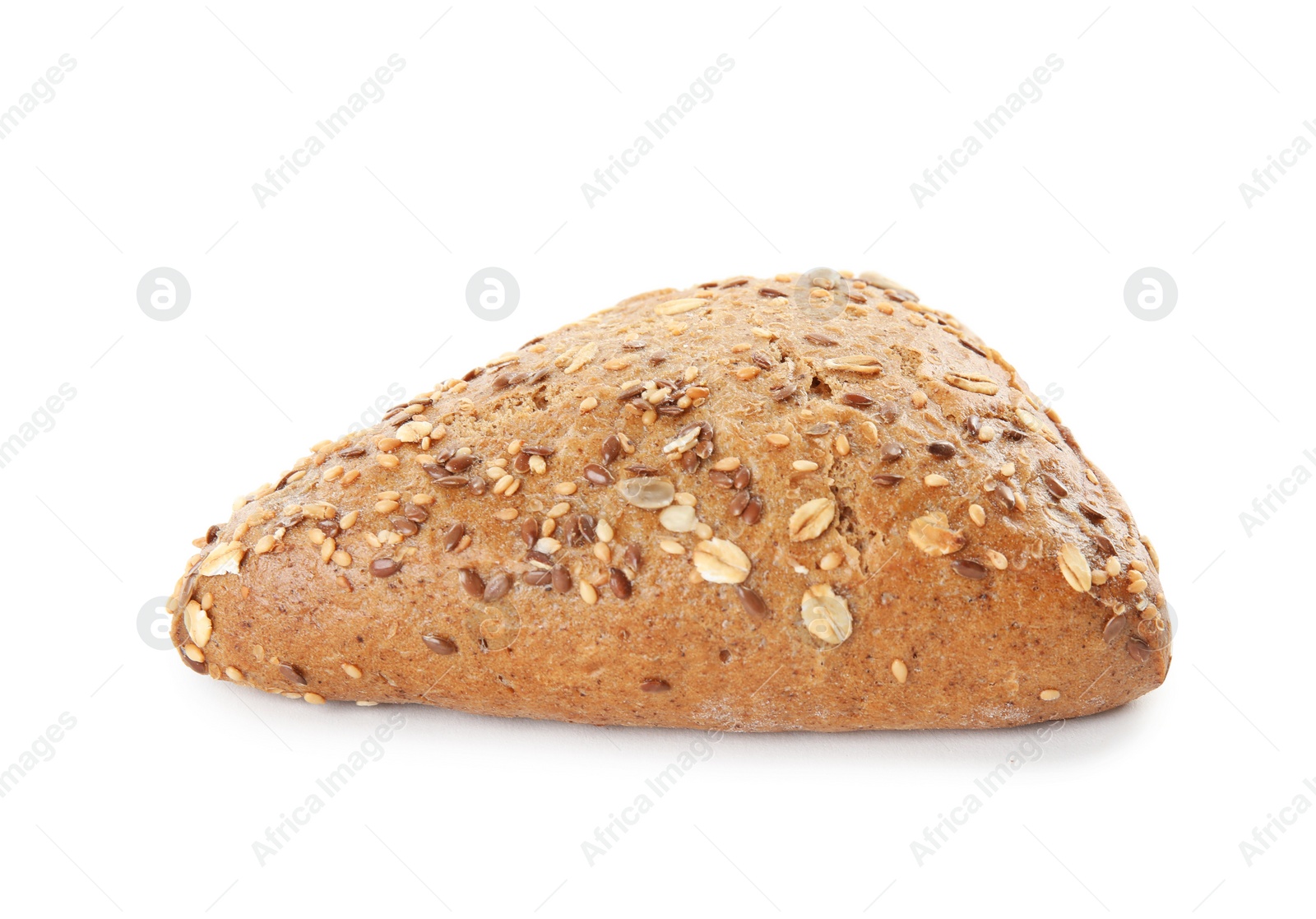 Photo of Triangle bun with seeds isolated on white. Wholegrain bread